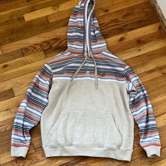 Hooey Tops - Hooey Beige Pullover Hoodie with Multi-Color Striped Hood & Sleeves